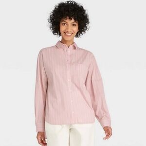 A New Day Women's Light Pink Mauve/ White Button Down Shirt Business Casual